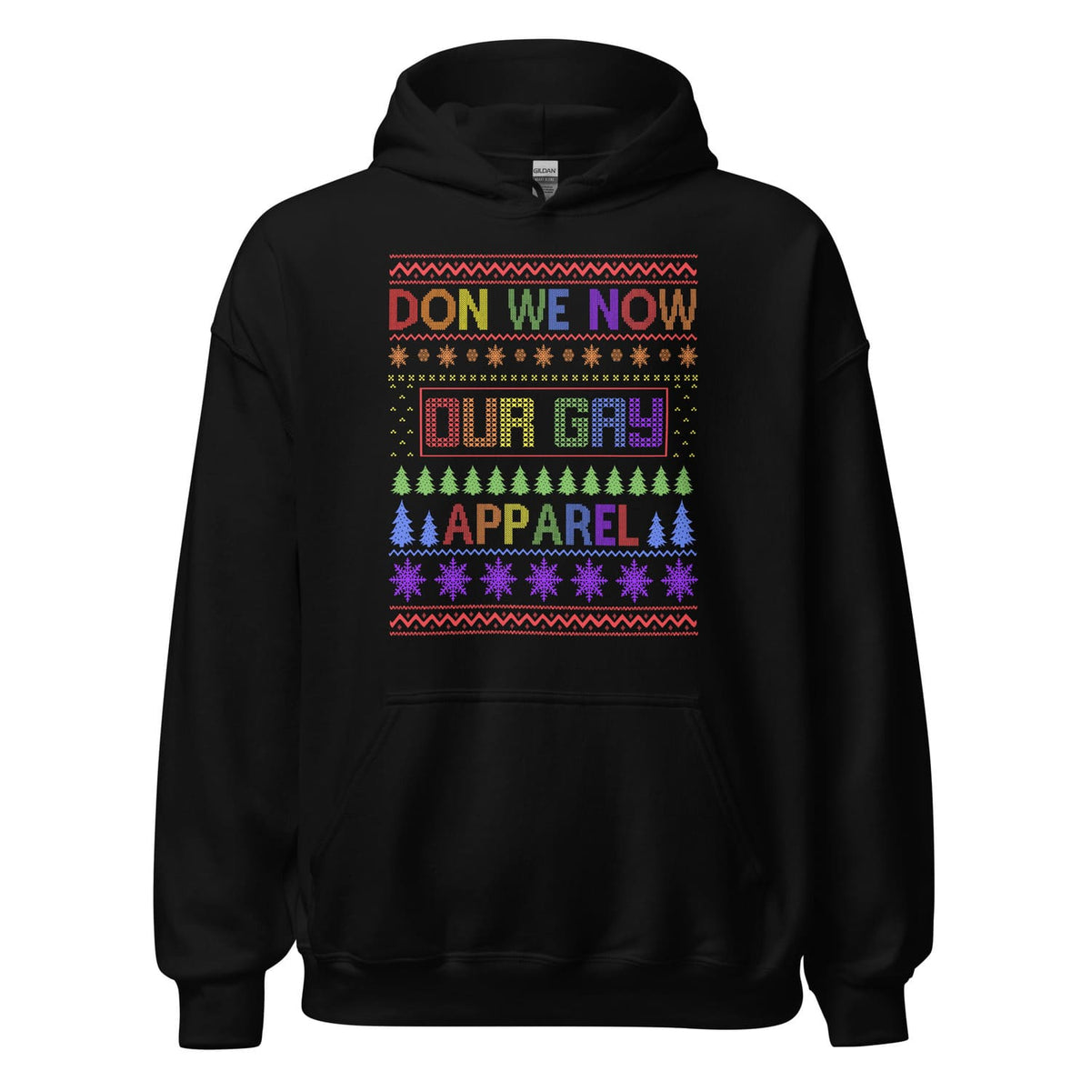 Black lgbtq christmas hoodie with colorful text and patterns on a white background