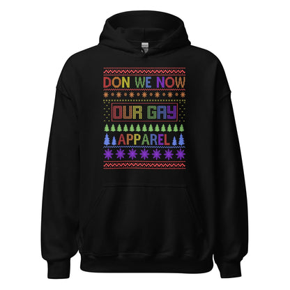 Black lgbtq christmas hoodie with colorful text and patterns on a white background