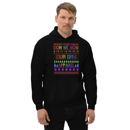 Man wearing a black christmas hoodie with colorful lgbtq pride text and patterns on a white background