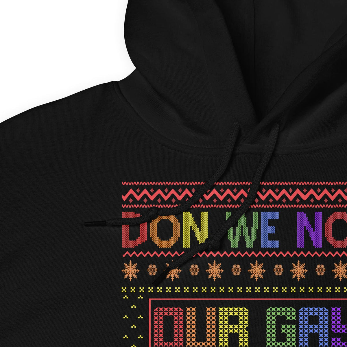 Black christmas hoodie with colorful lgbtq text and patterns on a white background