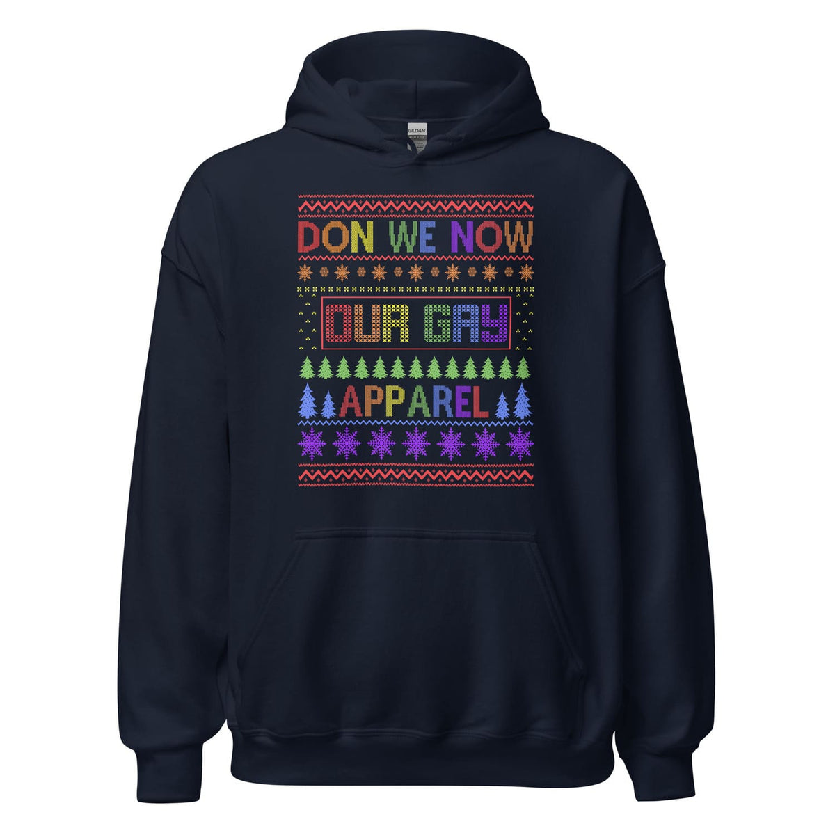 Navy christmas hoodie with colorful pride text and patterns on a white background