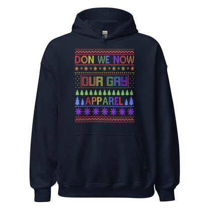 Navy christmas hoodie with colorful pride text and patterns on a white background