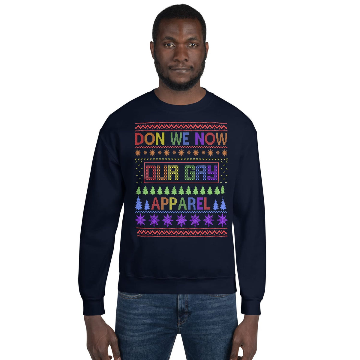 Gay Man wearing a christmas sweatshirt with funny lgbt pride graphics on a white background