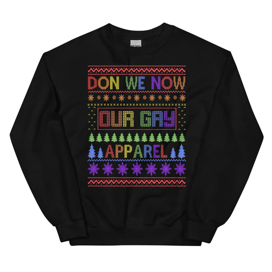 Christmas pride sweatshirt with colorful text and patterns on a white background