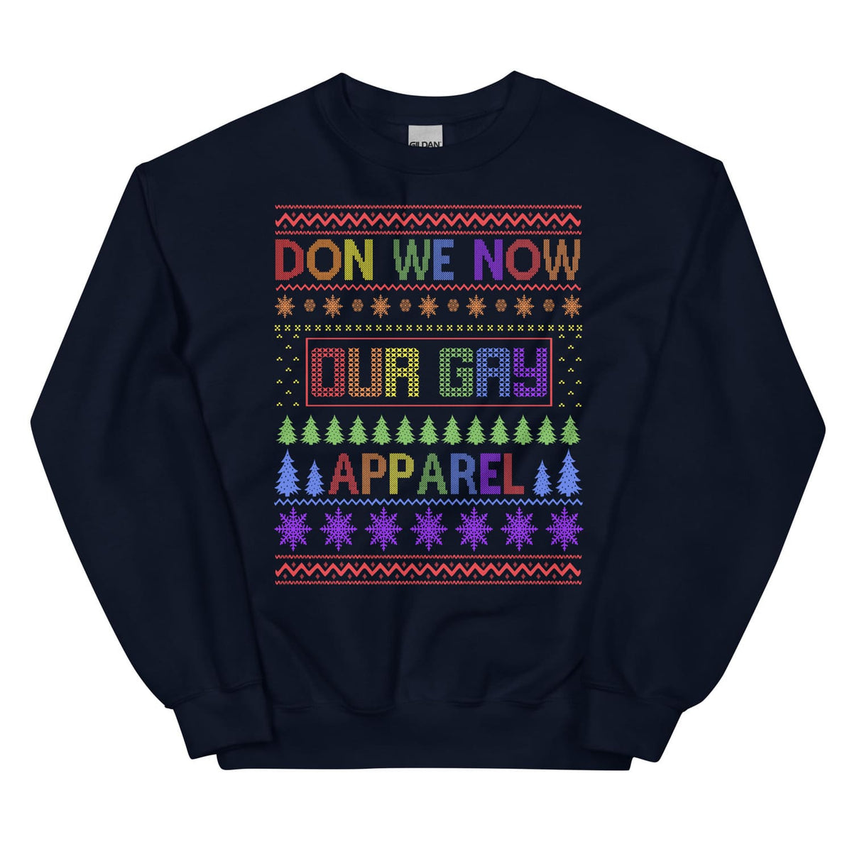 Christmas gay  sweatshirt with lgbtq pride text and patterns on a white background