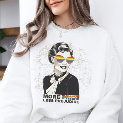 woman wearing bookish pride prejudice lgbtq sweatshirt