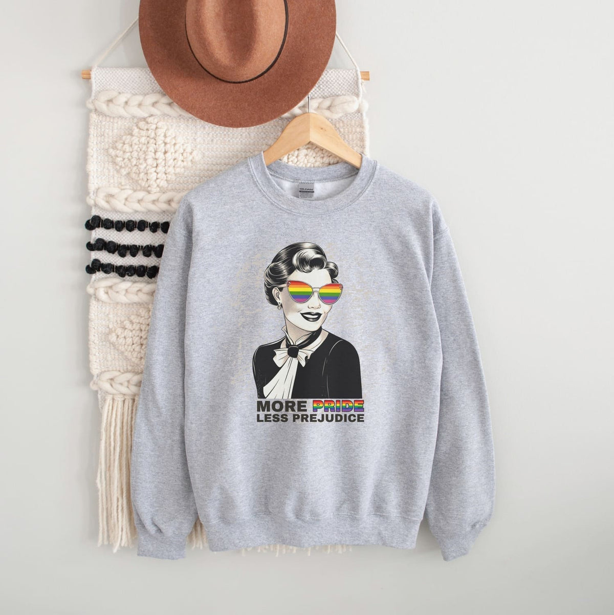 bookish pride prejudice lgbtq sweatshirt, hanging