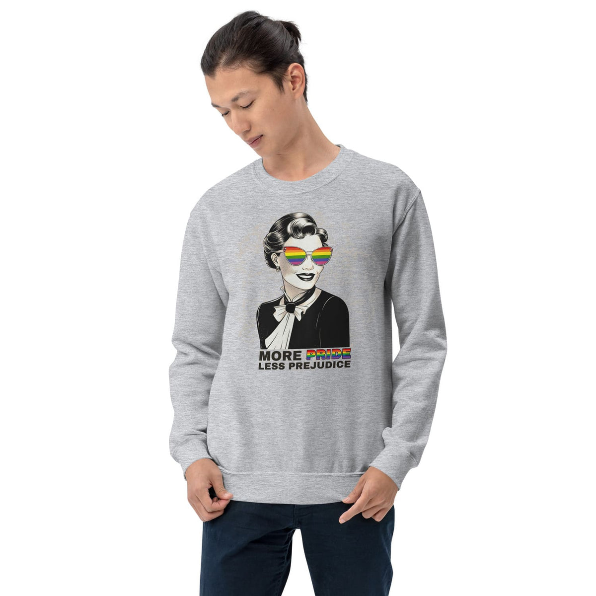 man wearing bookish pride prejudice lgbtq sweatshirt