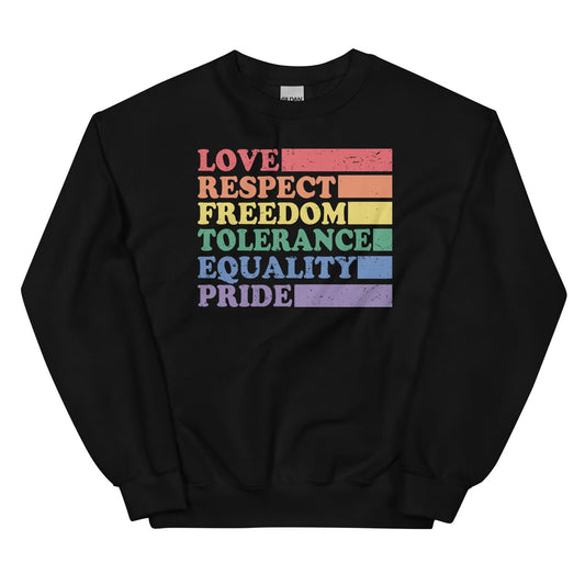 Black pride LGBTQ sweatshirt with rainbow-colored text on a white background