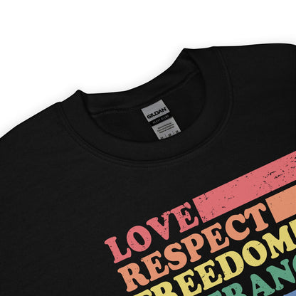 zoom pride sweatshirt with colorful text 'LOVE RESPECT FREEDOM' on a white background