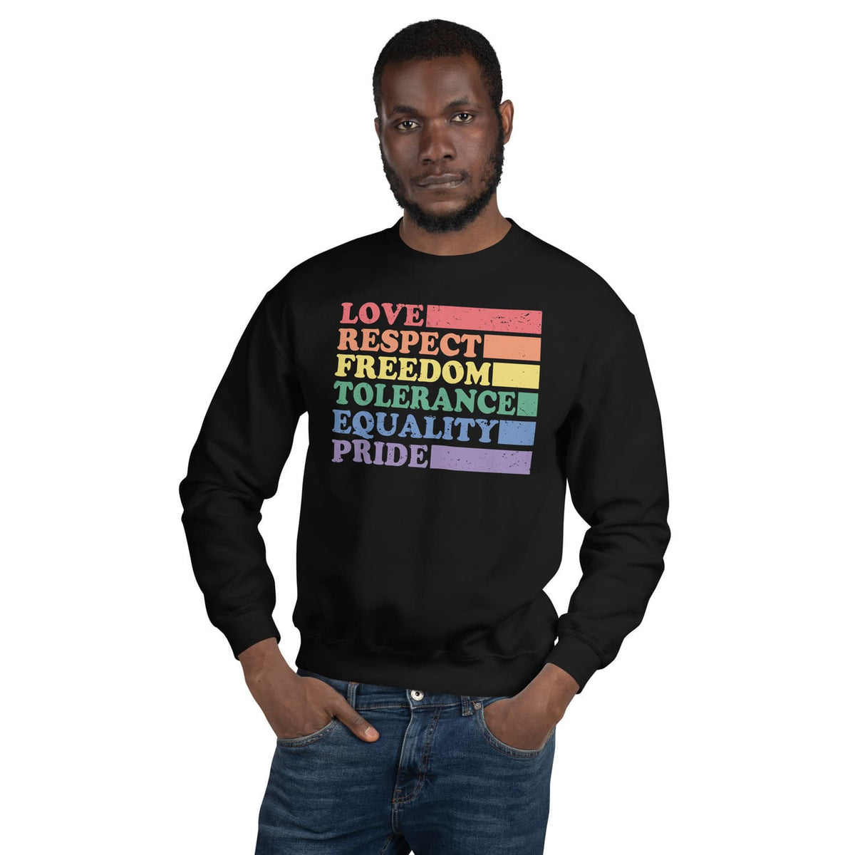 Man wearing a black LGBT pride sweatshirt with rainbow-colored text on a white background