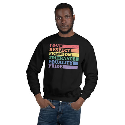 Man wearing a black LGBT pride sweatshirt with rainbow-colored text on a white background