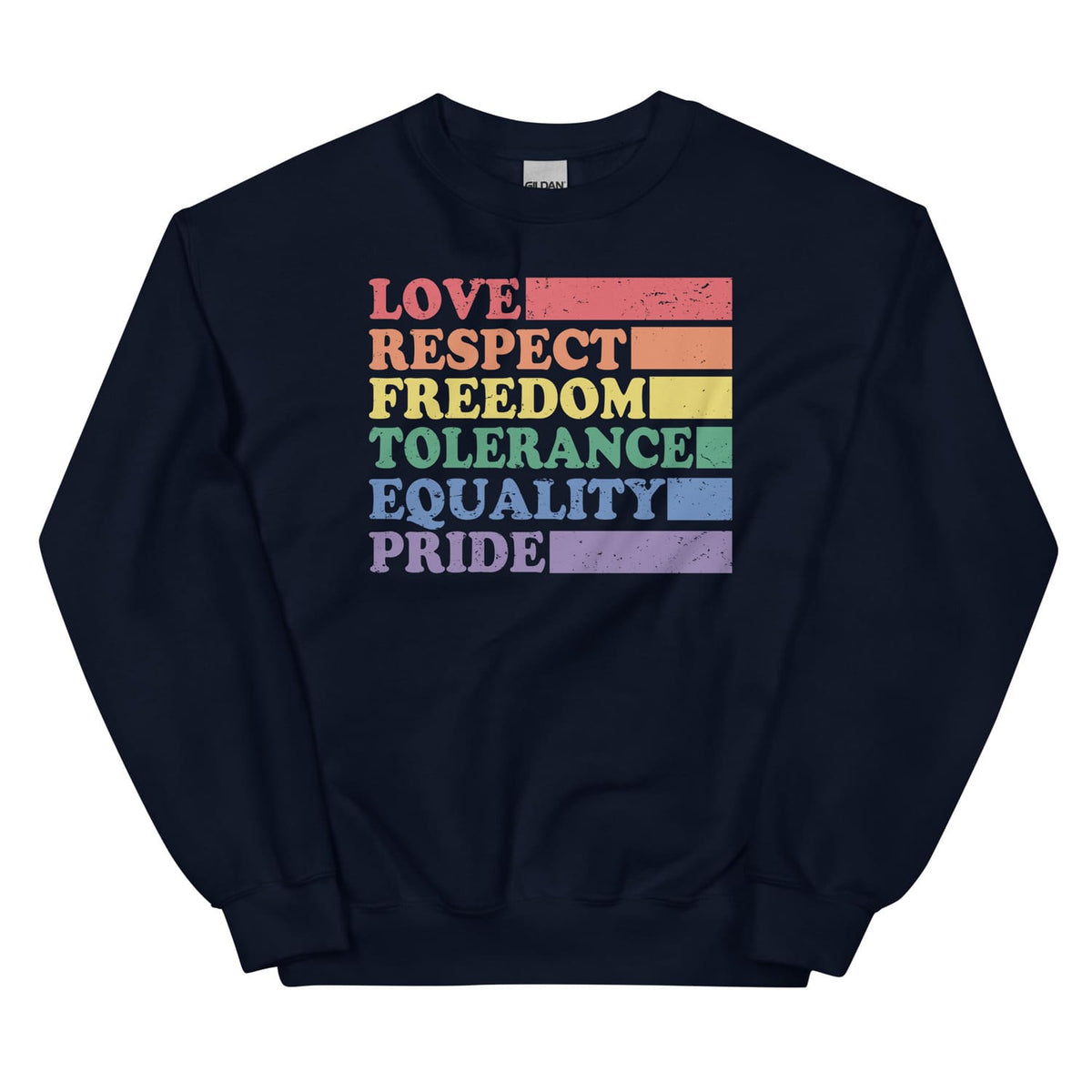 Navy LGBTQ sweatshirt with rainbow-colored text on a white background