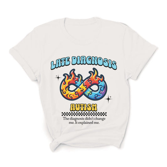 White t-shirt with colorful design and text on a white background: Late Diagnosis Autism Shirt, Neurodiversity In Adult Tee, Neurodivergent T-Shirt, AuDHD Neurospicy Brain, Mental Health Gift For Therapist