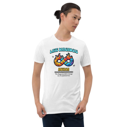 Man wearing a white t-shirt with colorful graphic design on a white background: Late Diagnosis Autism Shirt, Neurodiversity In Adult Tee, Neurodivergent T-Shirt, AuDHD Neurospicy Brain, Mental Health Gift For Therapist