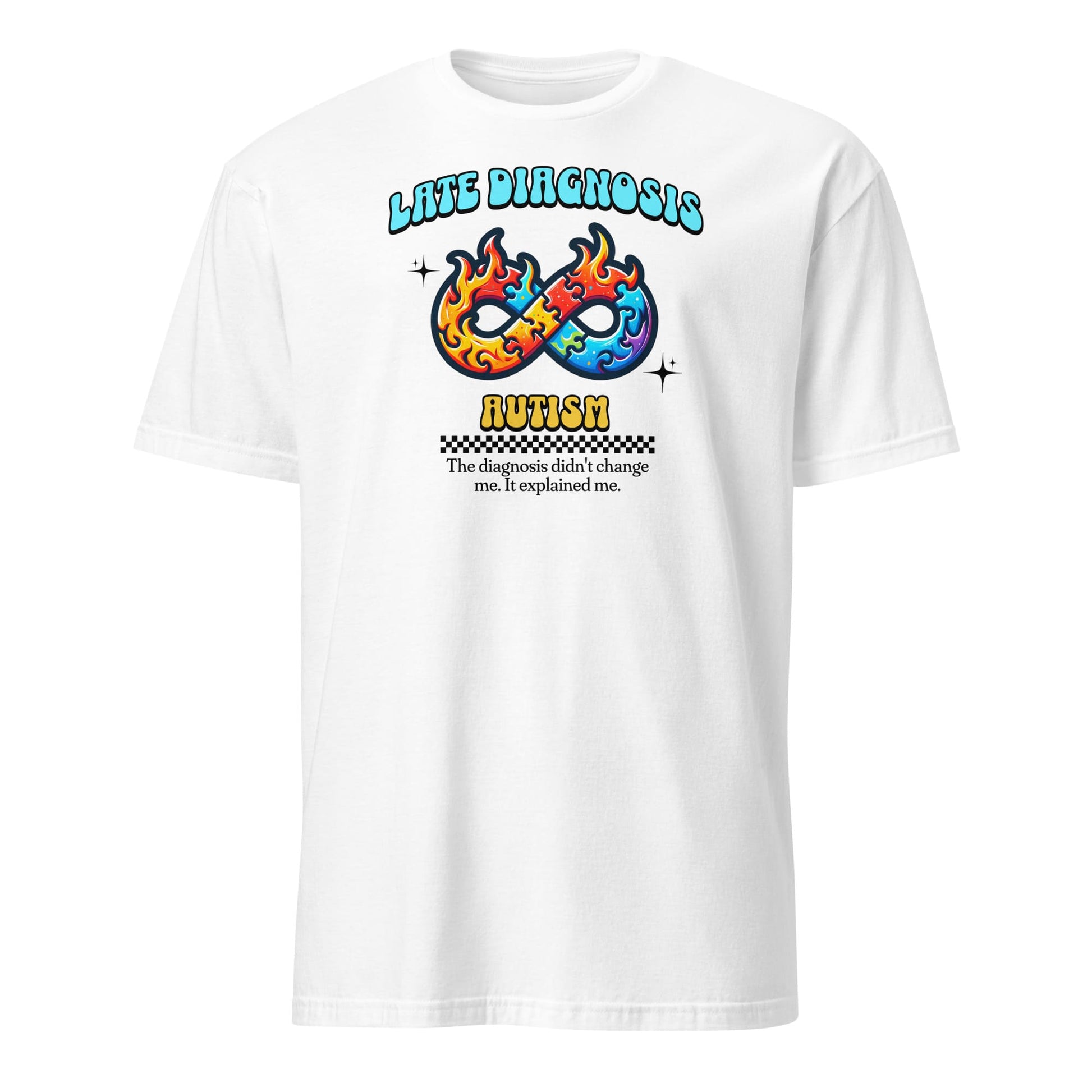 White t-shirt with colorful design and text on a white background: Late Diagnosis Autism Shirt, Neurodiversity In Adult Tee, Neurodivergent T-Shirt, AuDHD Neurospicy Brain, Mental Health Gift For Therapist