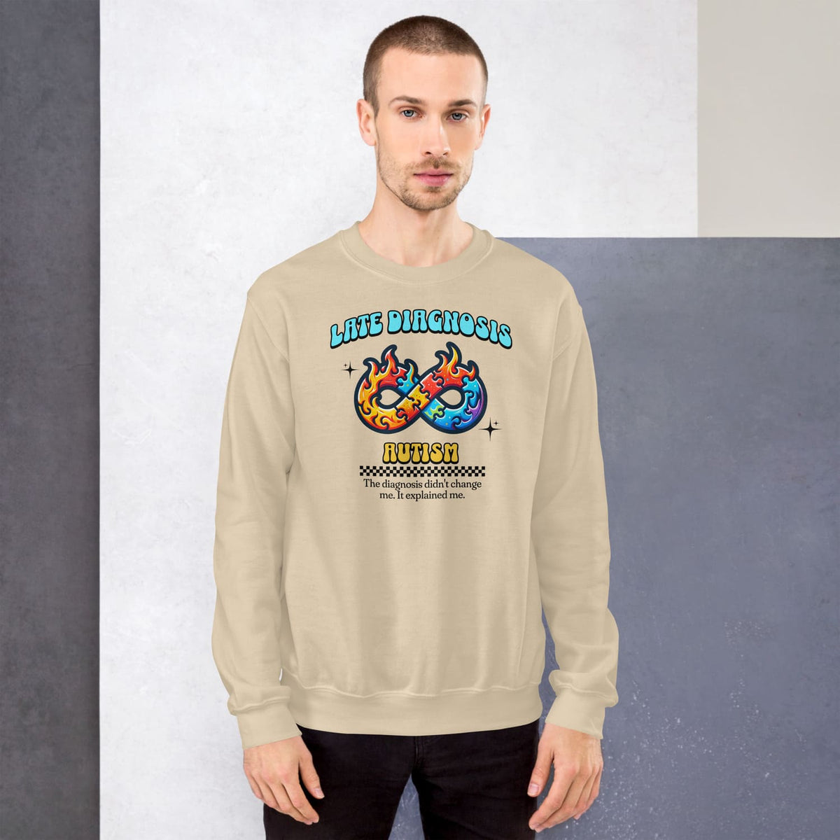 man wearing Late diagnosis autism sweatshirt
