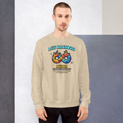 man wearing Late diagnosis autism sweatshirt