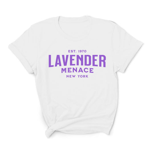 White t-shirt with purple text 'LAVENDER MENACE NEW YORK' on a white background: Lavender Menace Shirt, Lesbian Pride Tee, Queer Resistance T-Shirt, Sapphic Feminist Gift, LGBTQ Activist, Subtle WLW Pride 70s Feminism