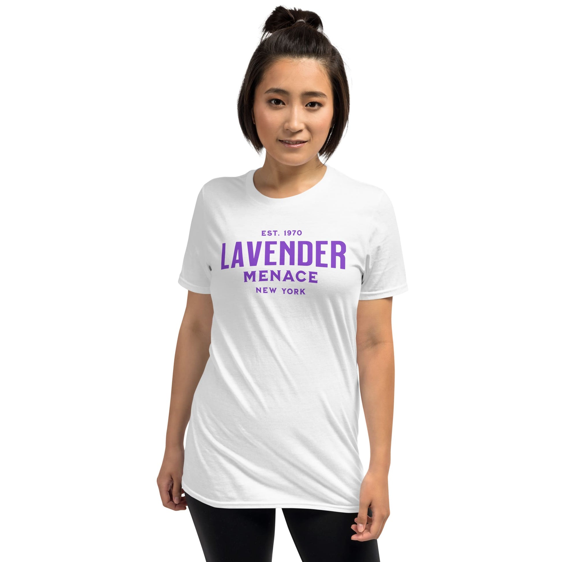 Person wearing a white t-shirt with 'Lavender Menace' text on a white background: Lavender Menace Shirt, Lesbian Pride Tee, Queer Resistance T-Shirt, Sapphic Feminist Gift, LGBTQ Activist, Subtle WLW Pride 70s Feminism