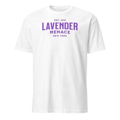 White t-shirt with purple text 'LAVENDER MENACE NEW YORK' on a white background: Lavender Menace Shirt, Lesbian Pride Tee, Queer Resistance T-Shirt, Sapphic Feminist Gift, LGBTQ Activist, Subtle WLW Pride 70s Feminism