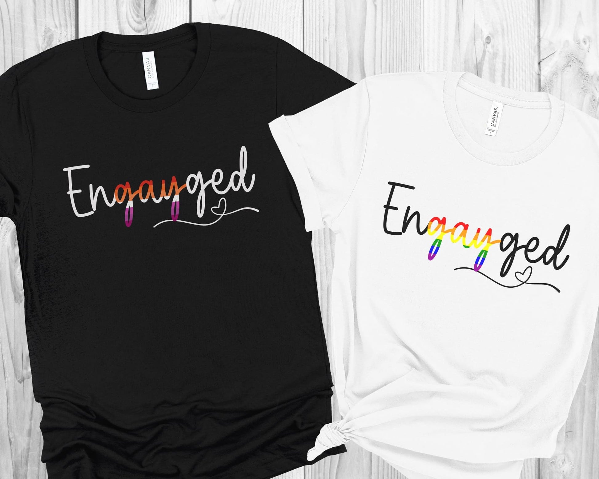 Matching lesbian and queer gay engagement black and white  t-shirt with 'Engaged' for wedding announcement
