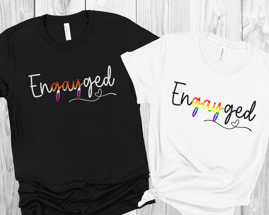 Matching lesbian and queer gay engagement black and white  t-shirt with 'Engaged' for wedding announcement