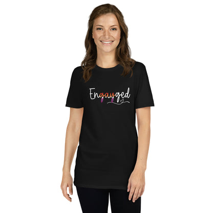 Lesbian woman wearing a black wedding announcelent  t-shirt with 'Engayged' text on a white background
