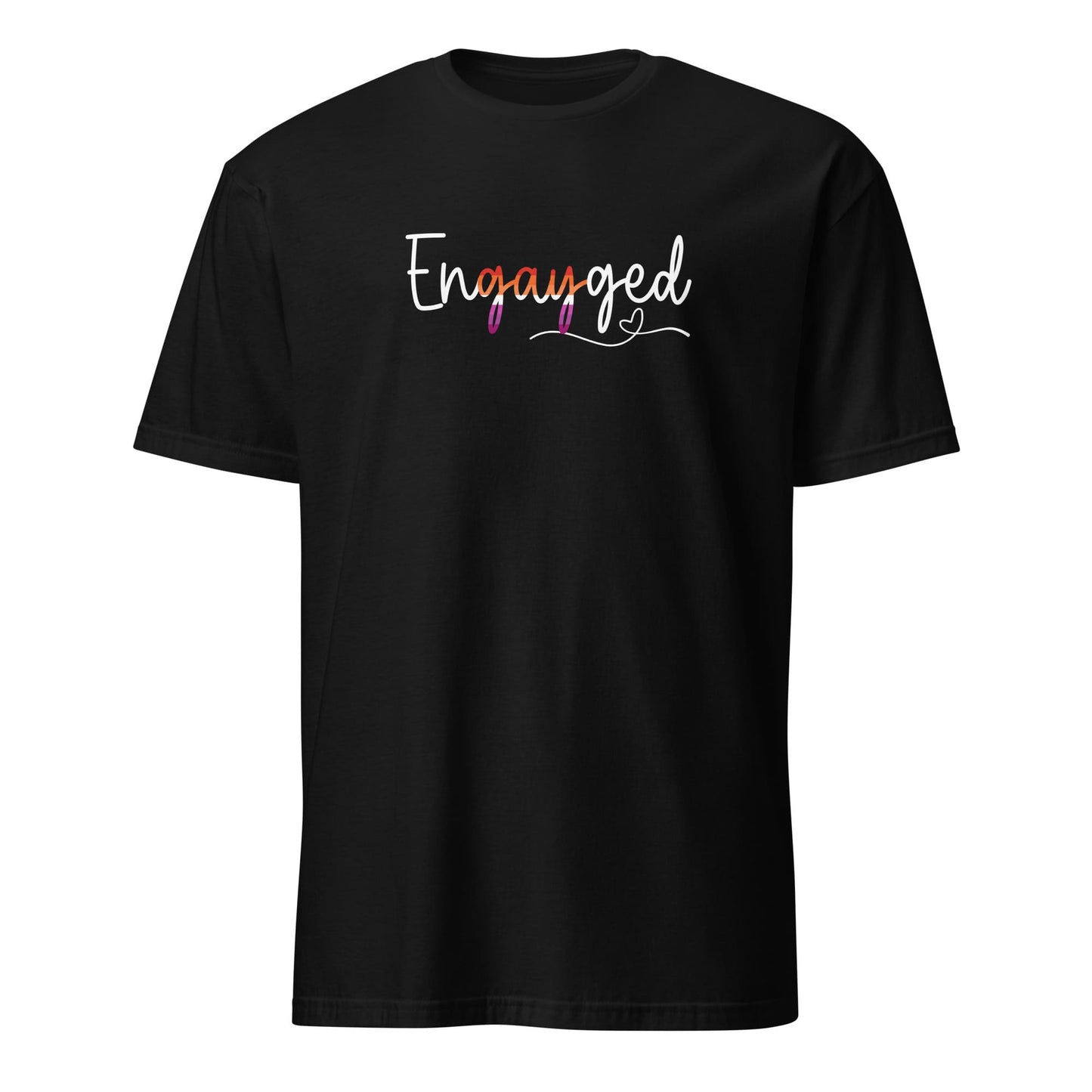 Black Lesbian wedding announcement t-shirt with 'Engayged' engagement text on a white background