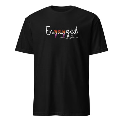 Black Lesbian wedding announcement t-shirt with 'Engayged' engagement text on a white background