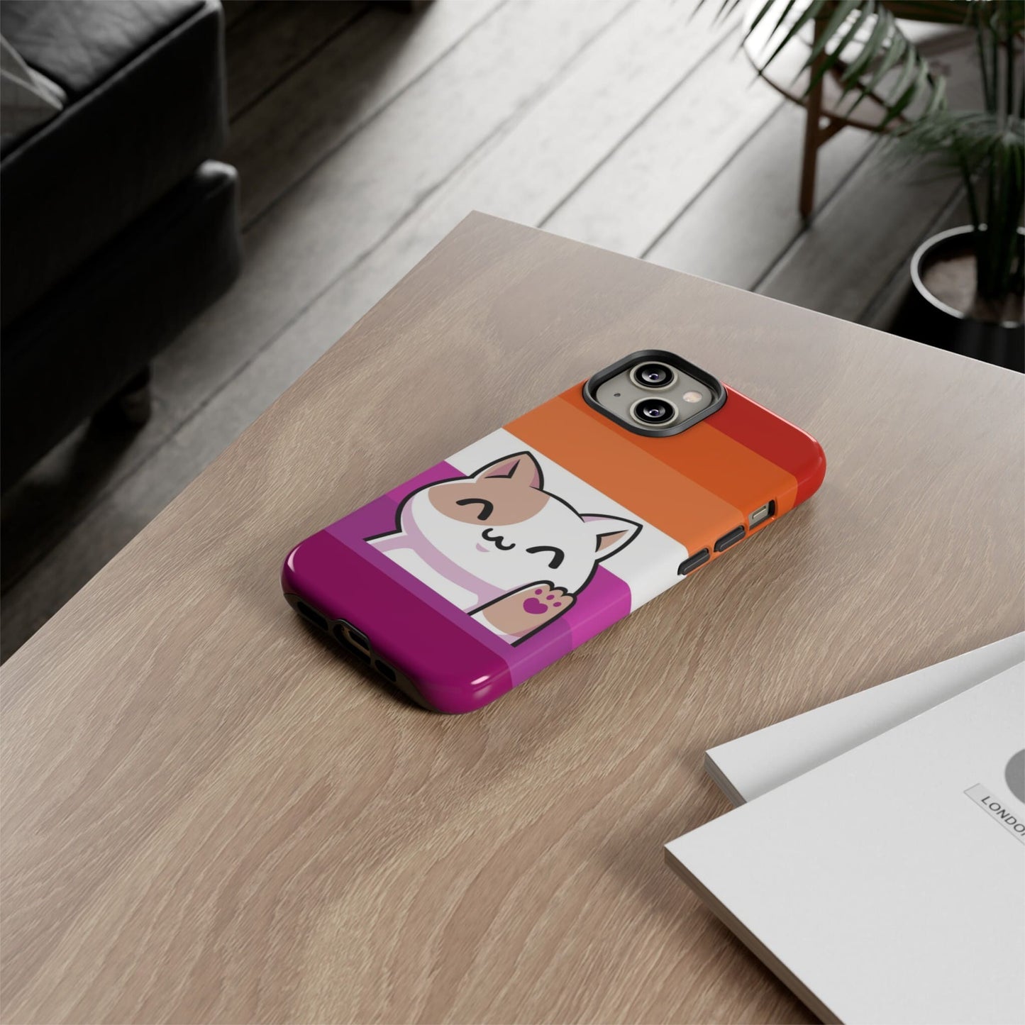 lesbian phone case kawaii cat, on table