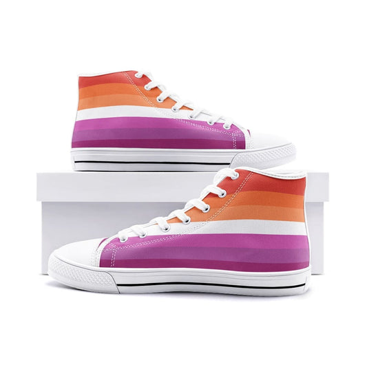 lesbian shoes, sunset flag wlw pride sneakers, white