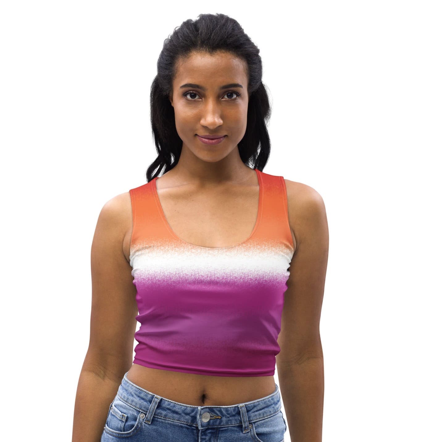 lesbian crop top, sunset flag tank, model 1 front