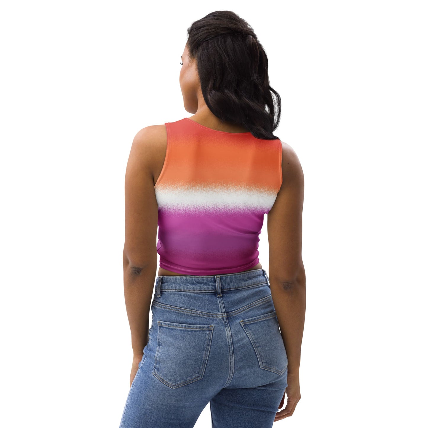 lesbian crop top, sunset flag tank, model 1 back