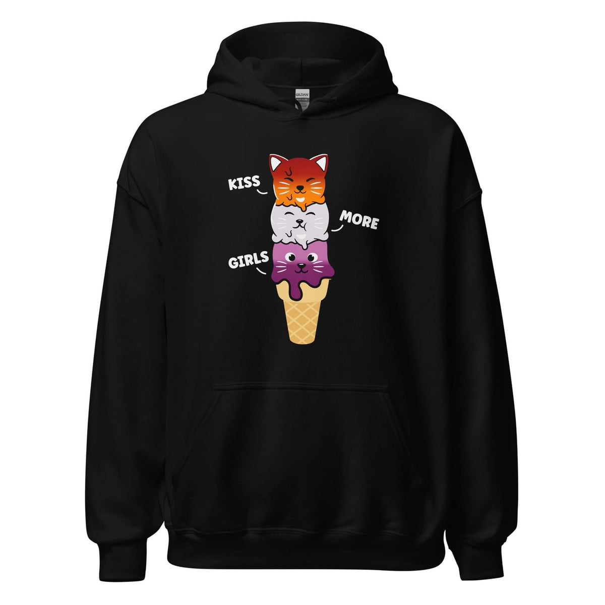 Black kawaii lesbian hoodie with colorful graphic of ice cream cone and cats on a white background