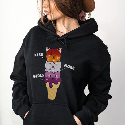 Black kawaii lesbian hoodie with cat-themed design and text on a plain background