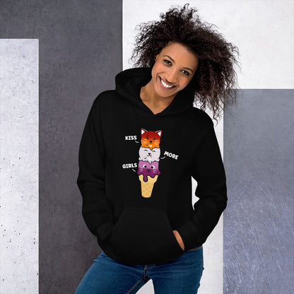 Person wearing a black kawaii lesbian hoodie against a geometric-patterned wall.