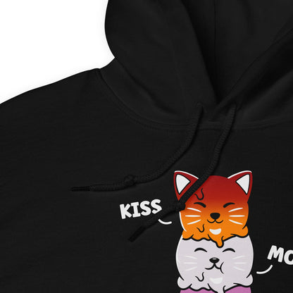 Black kawaii lesbian hoodie with a colorful cat graphic and text on a white background