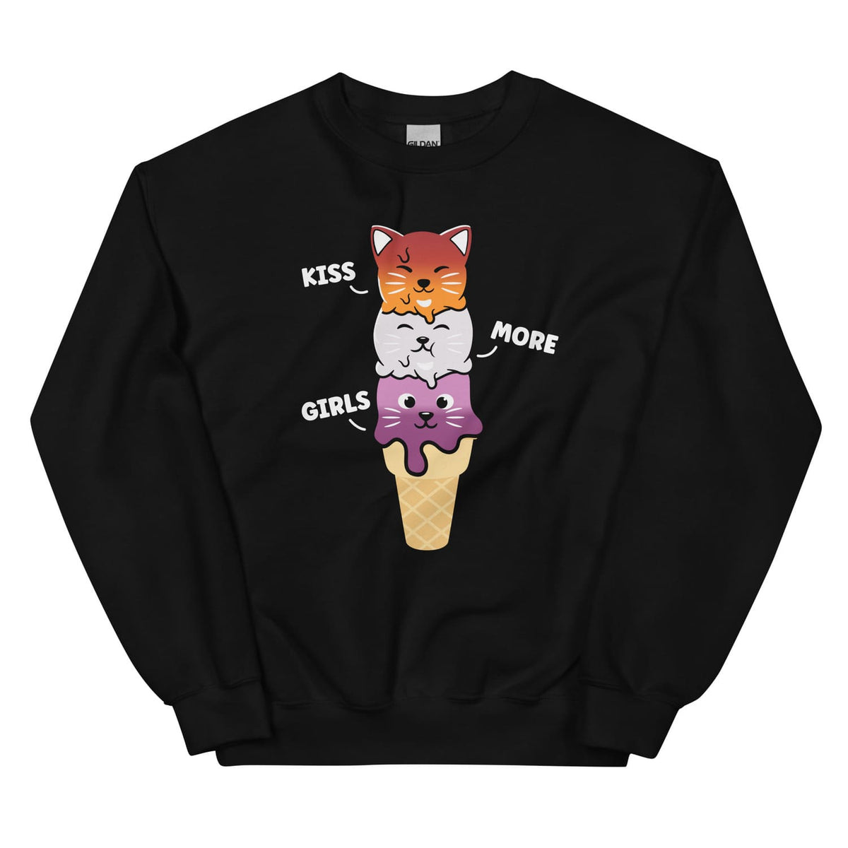 Black sweatshirt with lesbian cat-themed design on a white background
