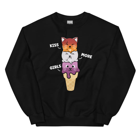 Black sweatshirt with lesbian cat-themed design on a white background