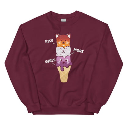 Maroon lesbian sweatshirt with cartoon cat design and text on a white background