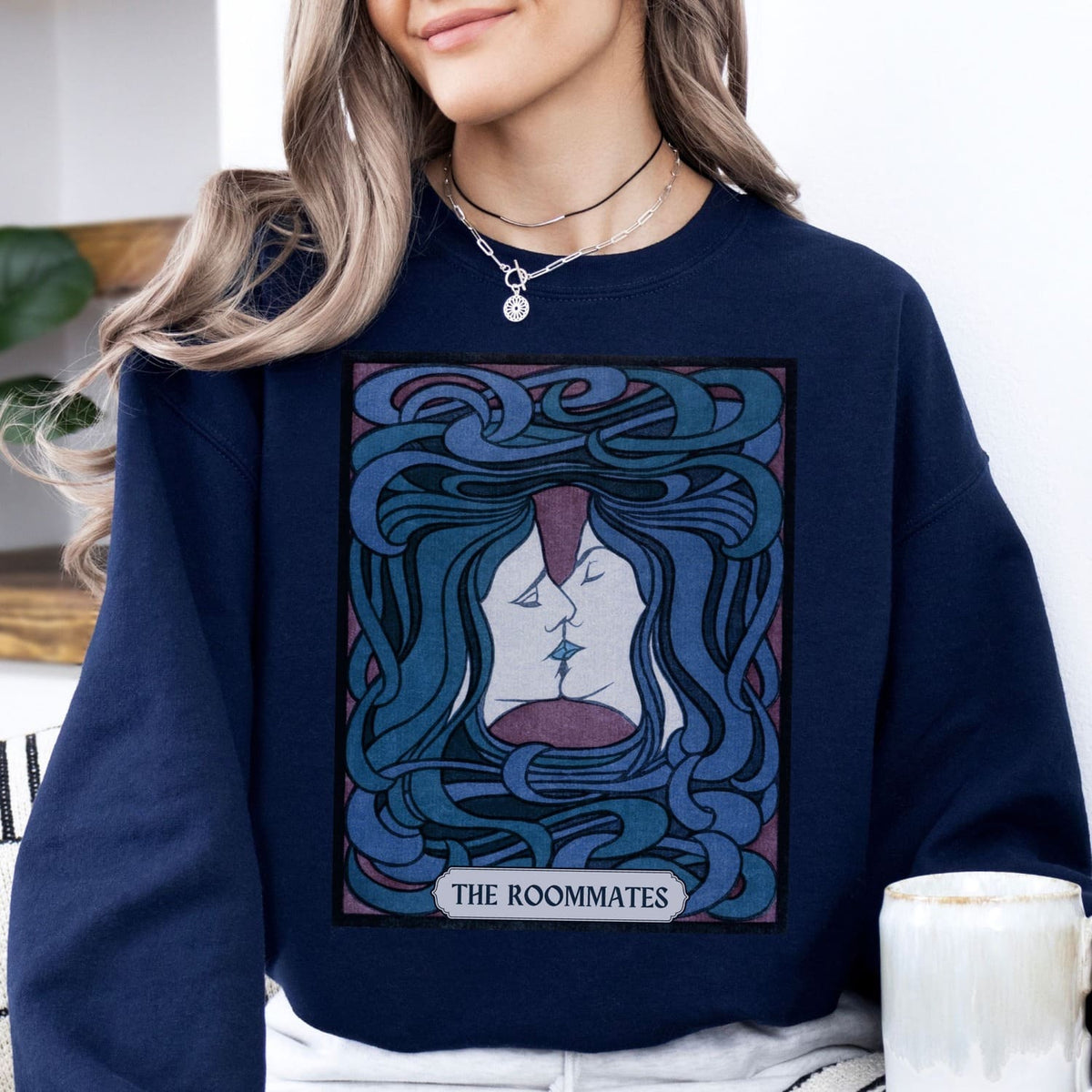 woman wearing Sapphic sweatshirts the roommates