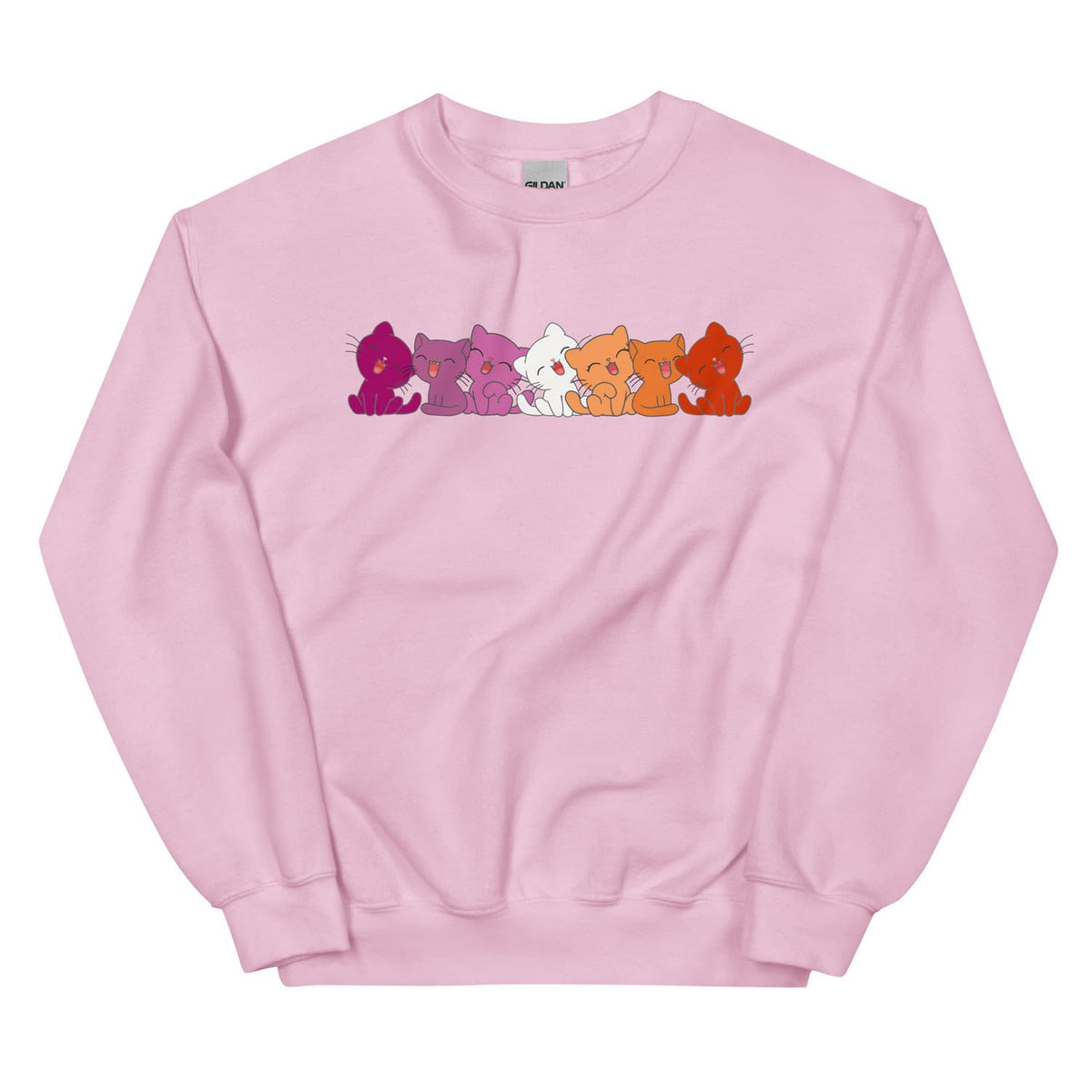 Pink lesbian sweatshirt with cartoon cat illustrations on a white background