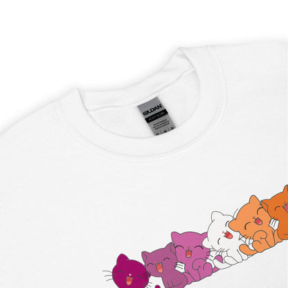 Lesbian sweatshirt zoom  with colorful cat illustrations and Gildan label on a white background
