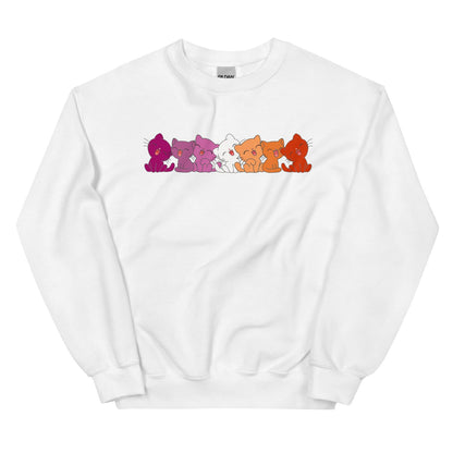 White lesbian sweatshirt with colorful cartoon cat designs on a white background