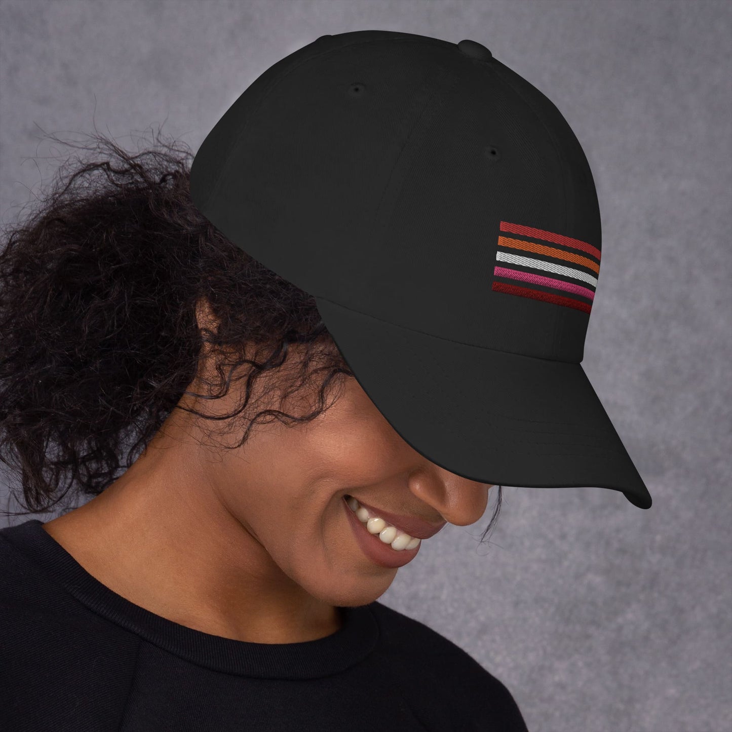 lesbian hat, wlw sunset flag pride embroidered cap, model left