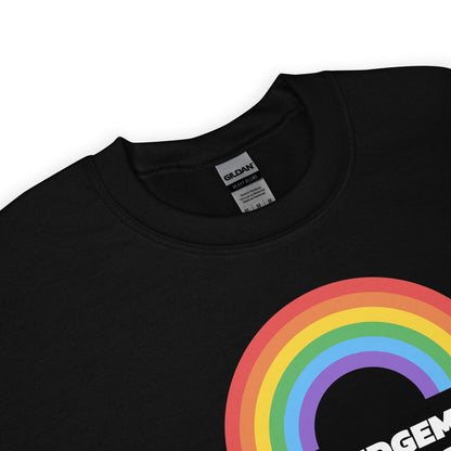Black pride sweatshirt with a rainbow design and 'Gildan' label on a white background