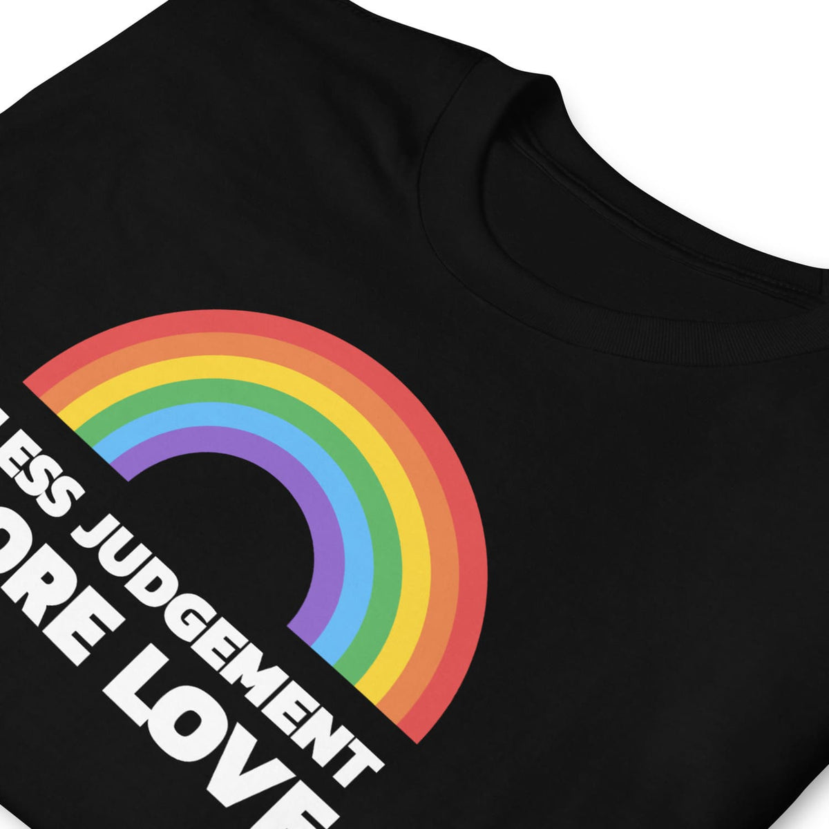 Black lgbtq t-shirt with a rainbow design and text on a white background