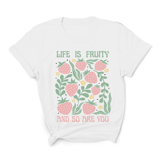 White t-shirt with strawberry design and text 'Life is fruity and so are you' on a white background: Funny Fruity Shirt, Subtle Queer Tee, Summer Strawberry T-Shirt, Pastelcore LGBTQ Outfit, Botanical Gay Lesbian Trans Bi Pan Ace Enby Gift