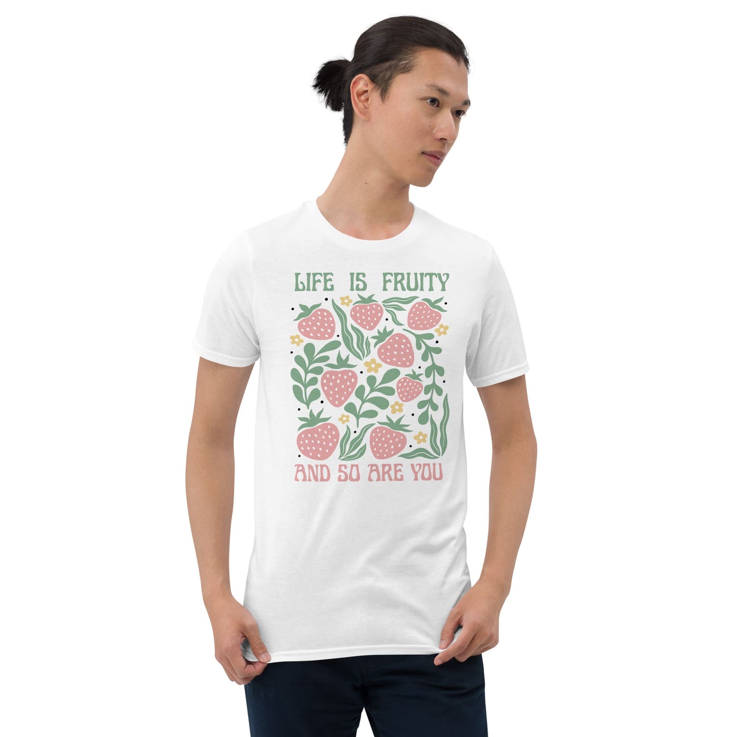 Man wearing a white t-shirt with a fruit-themed design and text on a white background: Funny Fruity Shirt, Subtle Queer Tee, Summer Strawberry T-Shirt, Pastelcore LGBTQ Outfit, Botanical Gay Lesbian Trans Bi Pan Ace Enby Gift